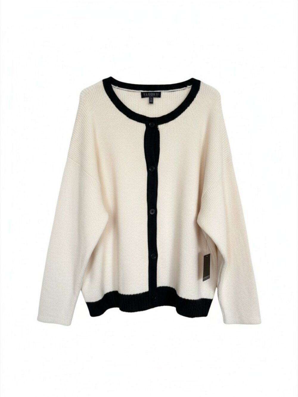 NWT Eloquii Cream Black Contrast Trim Ribbed Cardigan Sweater Plus Size 22/24